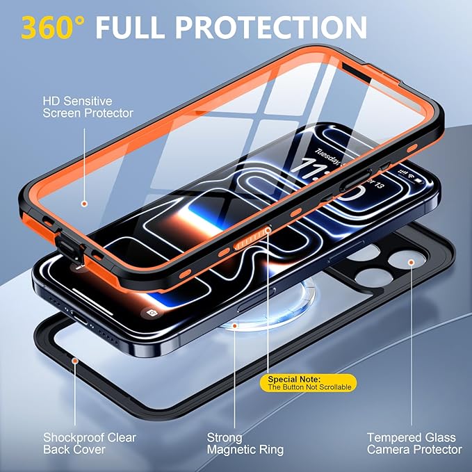 Red2Fire for iPhone 17 Pro Case Waterproof, [Built-in Screen Protector & Camera Protector][Compatible with MagSafe][Full Body Shockproof][IP68 Waterproof][Dustproof] Phone Case 6.3" Orange/Clear