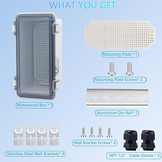 IP67 Waterproof Junction Box, ABS Plastic Electrical Enclosure with Stainless Steel Latch, Hinged Cover Electric Box with Mounting Plate, Wall Brackets & Cable Glands 200x100x110