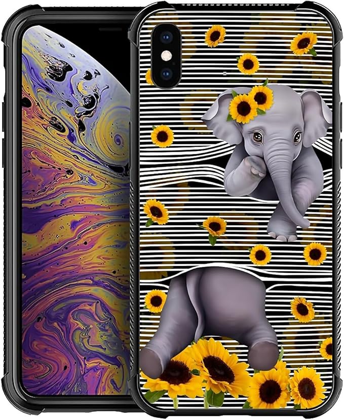 for iPhone Xs Max Case, Cute Little Elephant Sunflower White Line Art Pattern Graphic Design Girl Boy Soft Silicone Hard Acrylic Shock Protection for iPhone Xs Max