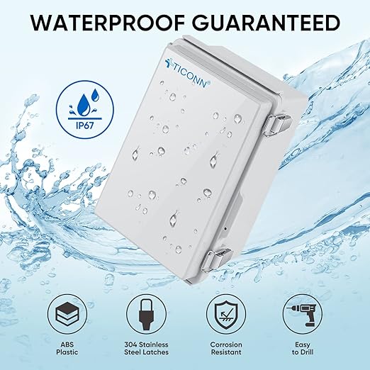 TICONN Outdoor Electrical Box Waterproof, Junction Box IP67 ABS Plastic Enclosure with Hinged Cover with Mounting Plate, Wall Brackets, Cable Glands (Off-White, 10.2"x6.3"x3.9")