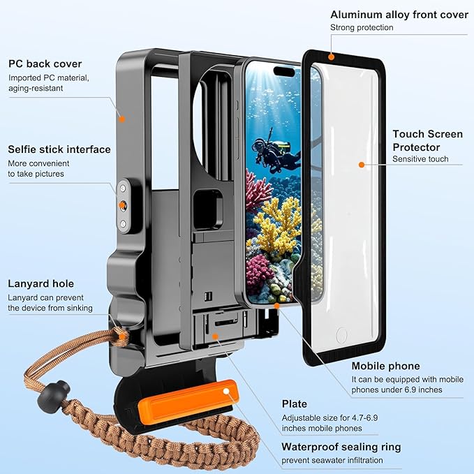 33ft Snorkeling Phone Case, Gen 4 IP68 Waterproof Housing for iPhone 16/15/14/13/12/11 Pro Max Samsung Galaxy S24/S23/S22, Touchscreen Full Protection