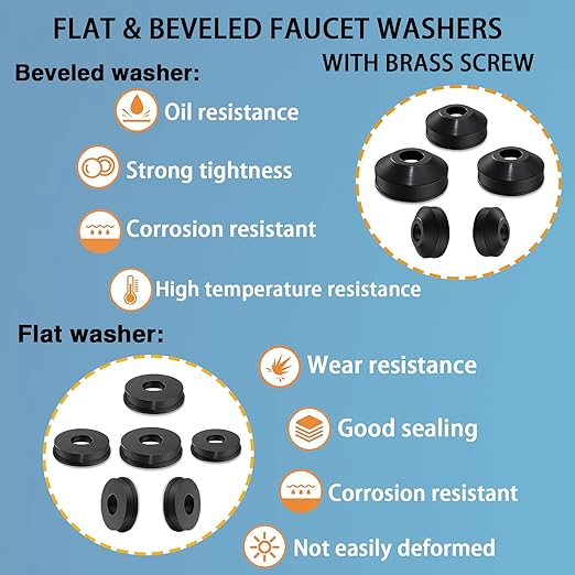 ZDBB 106 pcs Flat and Beveled Faucet Washers and Brass Bibb Screws Assortment for Use with Assorted Quick-Opening Style Faucets Stem Worn Out Washer Replacements Black