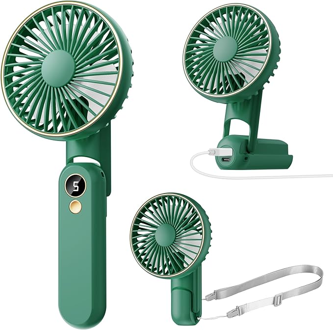 Portable Handheld Fan, 180° Foldable Personal Fan, USB Rechargeable Mini Hand Fans for Travel/Summer/Outdoor/Office, 5 Speeds Adjustable, LED Display, [5-15 Working Hours],Green