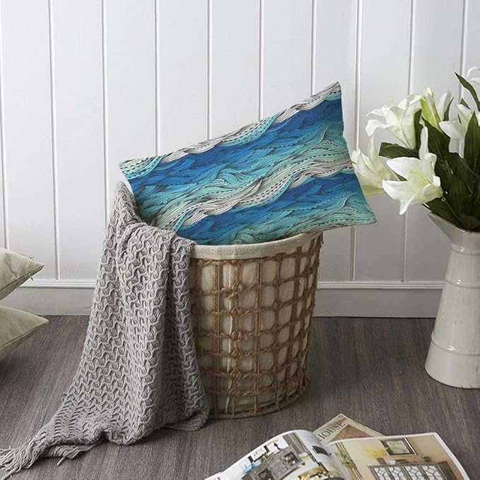 TKS MITLAN Abstract Wave Pillow Covers 12 x 20 Inch Ocean Sea Water Gradient Blue Beach Waves Lines Stripes Decorative Throw Pillow Covers Linen Cushion Case for Sofa Couch