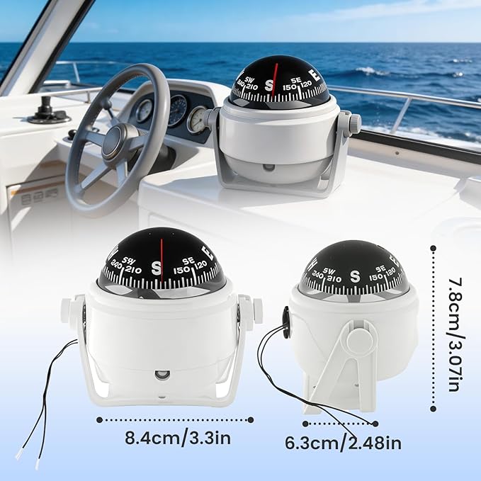 Boat Compass with Magnetic Declination Adjustment, Pivoting Marine Compass Multifunction Digital Navigation Dashboard LED Illumination & Backlight for Marine Boat Truck Car