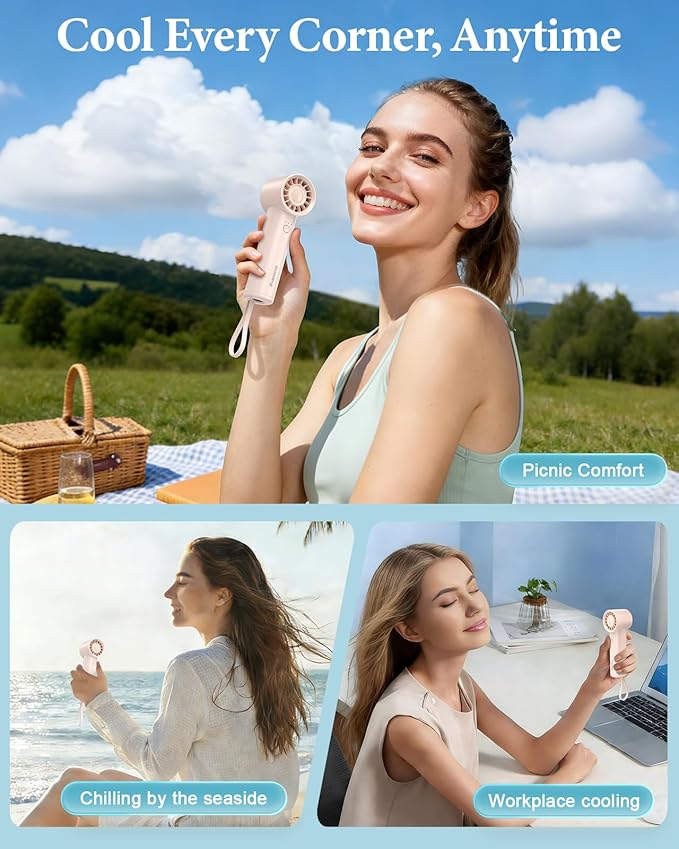 Portable Handheld Fan with Power Bank(High-Speed),3 IN 1 USB Rechargeable Mini Personal Fan with Flashlight,Small Size for Outdoor/Travel/Beach/Concerts/Summer.Gifts for Girl,Women.Pink