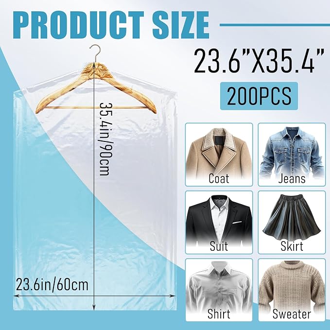 200 Pack Dry Cleaning Garment Bags, 23.6 x 35.4 Inch Clear Plastic Dry Cleaners Bags for Hanging Clothes Dust Protection Clothes Covers for Travel Moving, Home Storage (Hanger Not Included)