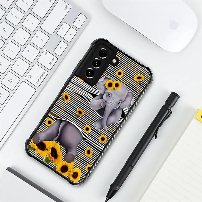for Samsung Galaxy S22 Case, Cute Little Elephant Sunflower White Line Art Pattern Graphic Design Girl Boy Soft Silicone Hard Acrylic Shock Protection for Samsung Galaxy S22