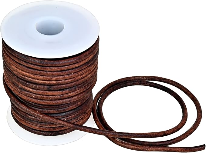 GENIQUE Real/Genuine Round Leather Cord for Jewelry Making, Leather String Cord for Crafting, Necklace, Bracelets, Braiding, Wraps (3mm, Antique Brown Distressed)