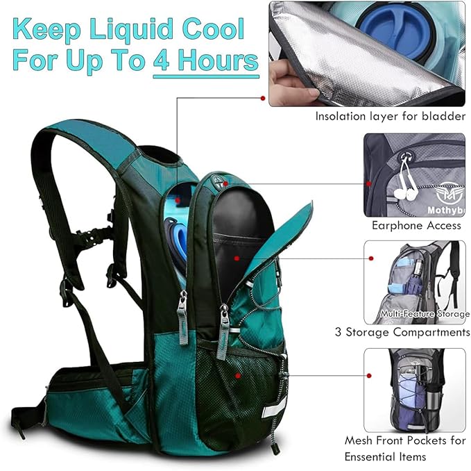 Mothybot Hydration Pack, Insulated Hydration Backpack with 2L BPA Free Water Bladder and Storage, Hiking Backpack for Men, Women, Kids for Running, Cycling, Camping - Keep Liquid Cool up to 5 Hours