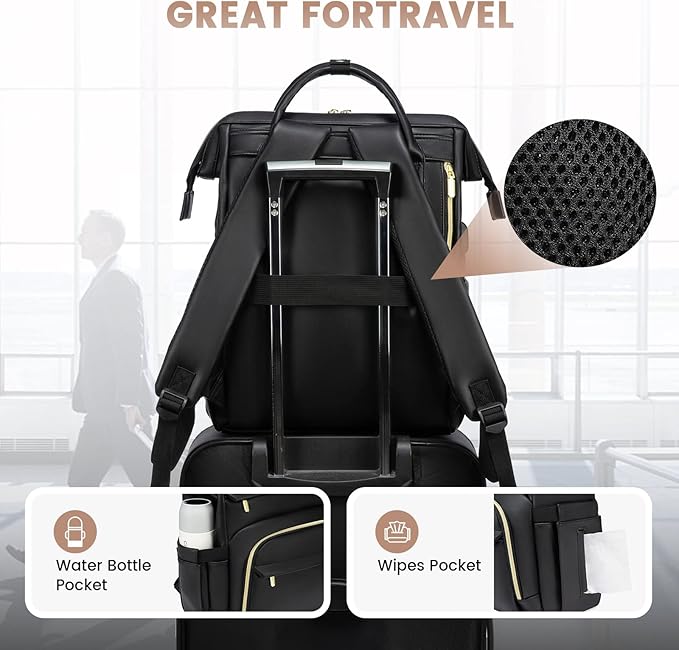LOVEVOOK Leather Laptop Backpack for Women 18 inch,Travel Backpack Purse Nurse Teacher Backpack Computer Laptop Bag,Professional College Business Work Bags Carry On Backpack with USB Port,Black