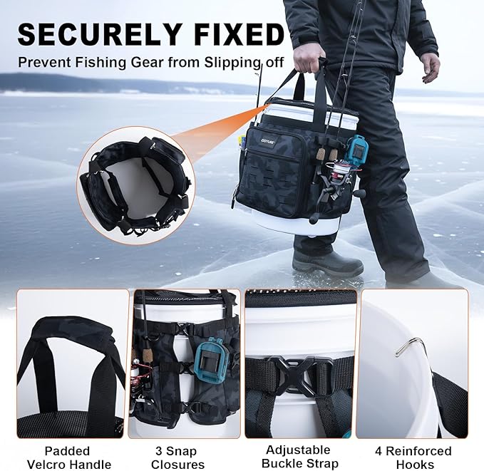 Goture Fishing Bucket Organizer for 5 Gallon Bucket, Heavy-Duty Waterproof Tackle Bag with 15+ Pockets, Ice Auger Holster & Secure Lock Straps for Ice Fishing Gear (Black, No Bucket)