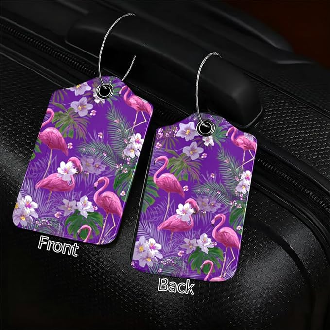 2 Pack Flamingo Luggage Tag 2.83 x 4.53 inch Tropical Pink Bird Purple Background Suitcase ID Label Decorative Travel Accessories Stylish Bag Tag for Women Men