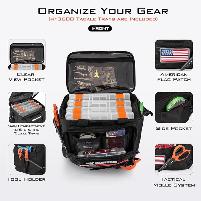 KastKing Karryall Fishing Tackle Bags with 4 * 3600 Tackle Trays - Saltwater & Freshwater Fishing Gear Storage
