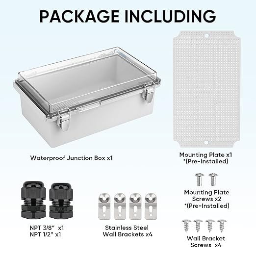 TICONN Outdoor Electrical Box Waterproof, Junction Box IP67 ABS Plastic Enclosure with Hinged Cover with Mounting Plate, Wall Brackets, Cable Glands (Clear, 10.2"x6.3"x3.9")