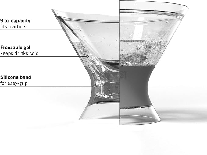 Host Freeze Insulated Martini Cooling Cups for Espresso Martinis, Gifts for Mom, Housewarming Gifts for Women, Plastic Freezer Gel Chiller Double Wall Stemless Cocktail Glasses, Set of 2, 9 oz, Gray