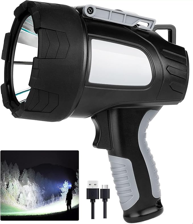 LBE Rechargeable Spotlight Outdoor, 2,000,000 Lumens Led Spotlight Flashlight with Cob Light and Foldable Tripod, 6 Modes Waterproof Handheld Spot Light for Outdoor Marine Boating Hµnting