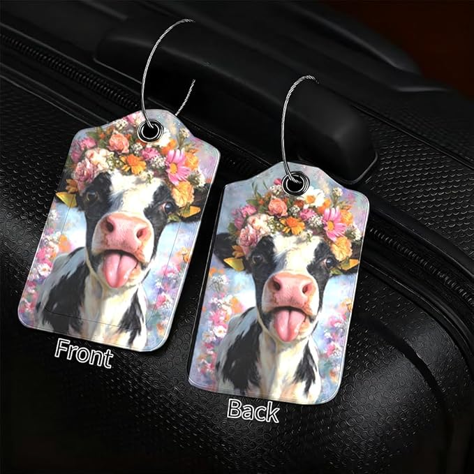 2Pcs Spring Floral Cow Luggage Tags for Suitcases, 2.83x4.53 Cute Farm Animal ID Labels with Privacy Cover, Aesthetic Flower Crown Bag Tags for Backpacks, Mothers Day Travel Gifts, Set of 2