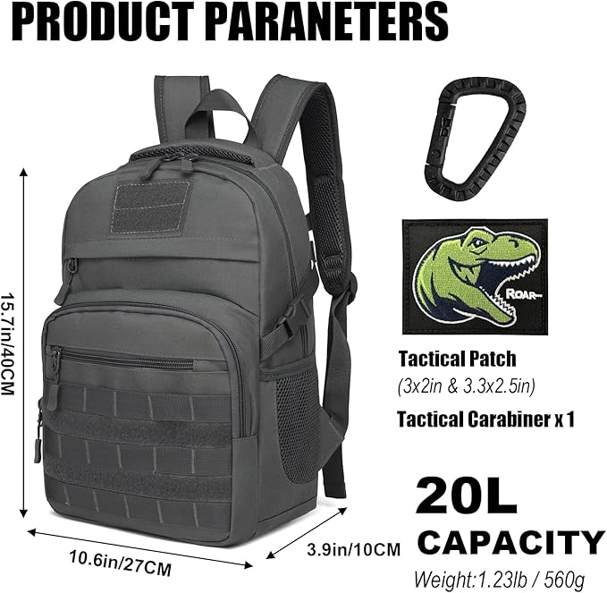 Kids Tactical Backpack Army Molle Bookbag Military Boys Backpack for School, Outdoor, Camping (Includes 2 Patches +1 Carabiner), Grey