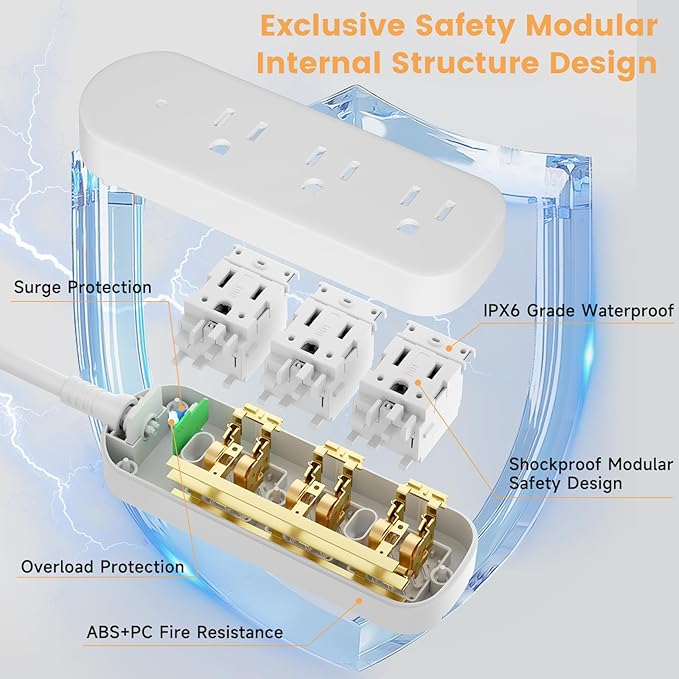 Outdoor Power Strip Weatherproof 3 FT Extension Cord Waterproof Surge Protector Power Strip, 3 AC Outlets, 1625W Overload Protection, for Camping, Home, Office, Garden, FCC UL Listed