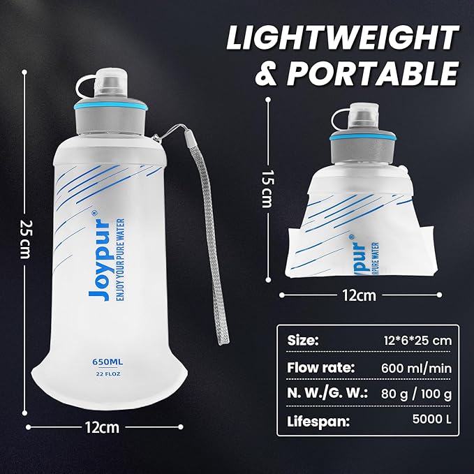 Water Filter Survival - Collapsible Water Bottle with Filter 0.01 Micron Squeeze Filtered Water Bottle 22oz for Hiking Backpacking Camping BPA-Free(White 650ml)