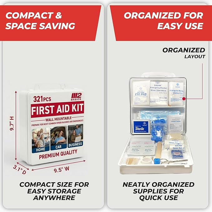 M2 BASICS Premium 321 Piece First Aid Kit, All Purpose Kit with Hard Case for Home, Car, Business, School, Office & Vehicle