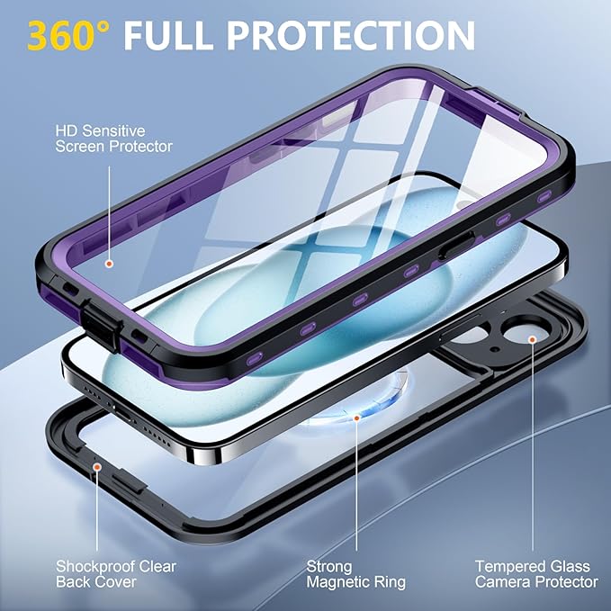 Red2Fire for iPhone 15 Case Waterproof, [Built-in Screen Protector & Camera Protector][Compatible with MagSafe][Full Body Shockproof][IP68 Waterproof][Dustproof] Phone Case 6.1" Purple/Clear