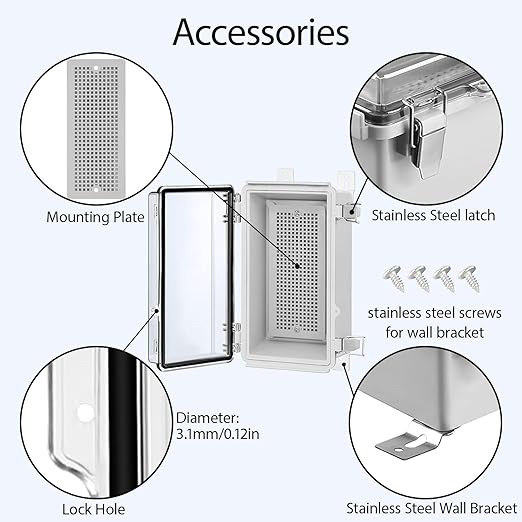 LeMotech Electrical Box, IP67 Waterproof Hinged Clear Cover Stainless Steel Latch Junction Box, ABS Plastic Electrical Enclosure with Mounting Plate,Wall Brackets, Cable Glands,8.2"x4.2"x2.9",Grey