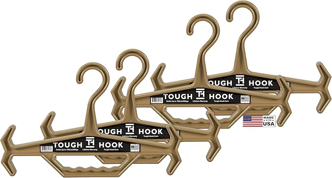 Tough Hook Original Heavy Duty Hangers – The Superhero of Hangers USA-Made, Anti-Slip ABS Resin Tactical Hanger for Police Gear, Scuba Gear & Dive BCD – DuraResin 200-lb Cap Wetsuit Hanger, 4 Tan