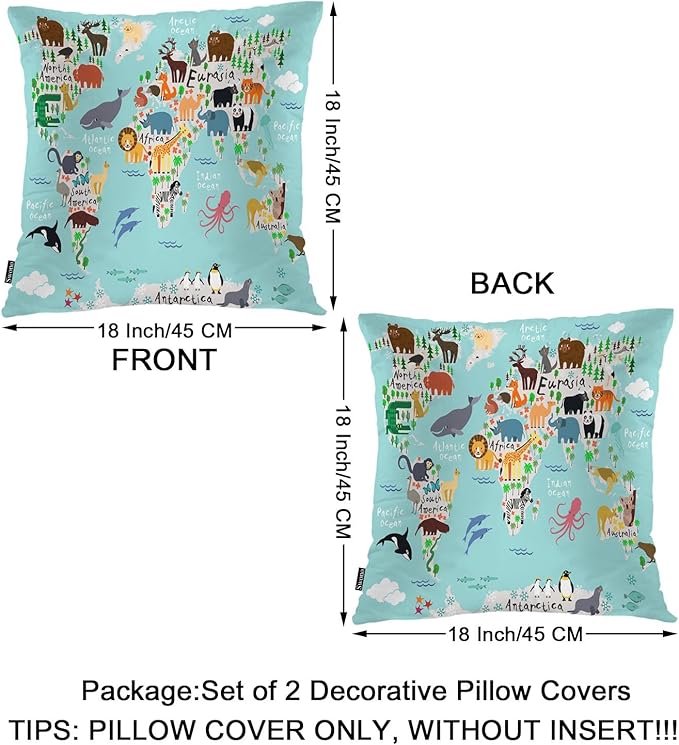 Swono World Map Throw Pillow Covers, Cartoon Forests Animal Map of The World Set of 2 Pillow Cases Decorative 18 X 18 Inches, Soft Cushion Cover Pillowcases for Bedroom, Living Room, Cushion Sofa