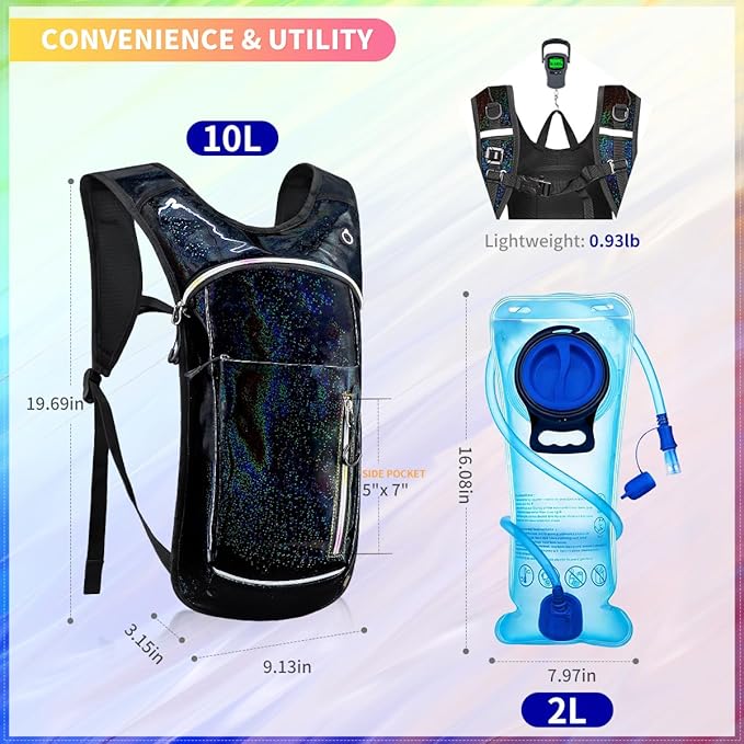 Hydration Backpack, Water Backpack with 2L Hydration Bladder, Rave Backpack Hydration Pack, Festival Essential for Raves, Hiking, Cycling, Climbing, Running, Outdoor, Camping and More