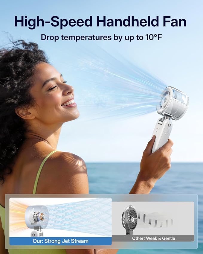 Misting Fan Portable - Handheld Turbo Fan with Mist, Spray Water Mister Fans, 4000mAh Rechargeable, 5-Speeds, Personal Gifts for Women Beach Travel Outdoor - White