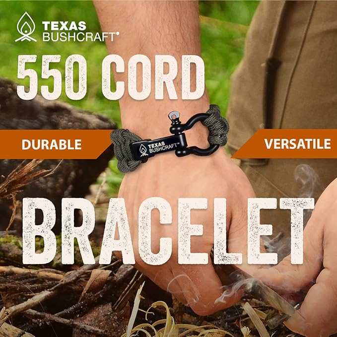 Texas Bushcraft Firecraft Cord Survival Bracelet – Paracord Bracelet with Bow Shackle for Camping and Emergency – 3 Extra Strands Include Wax Thread, Tinder, and Fishing Line