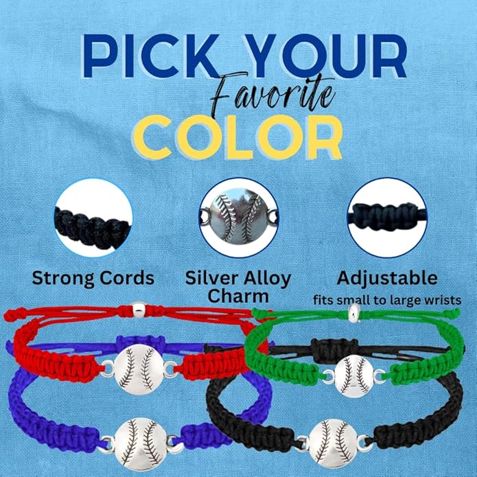 Sportybella - Baseball Bracelet, Baseball Jewelry, Adjustable Braided Baseball Bracelet, Baseball Gifts, Baseball Accessories