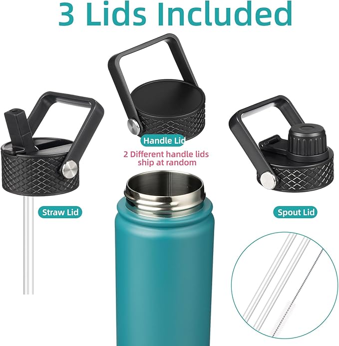 Konokyo 18 oz Insulated Water Bottle Stainless Steel Sport Bottles with 3 Lids,Light Blue