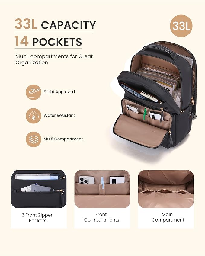 LOVEVOOK Laptop Backpack for Women with Leather Trim & Tumbler Pockets, 17.3" Work Backpack Purse, Travel Personal Item Bag, Carry On Business Computer Bag for Office, School, or Gift, Black