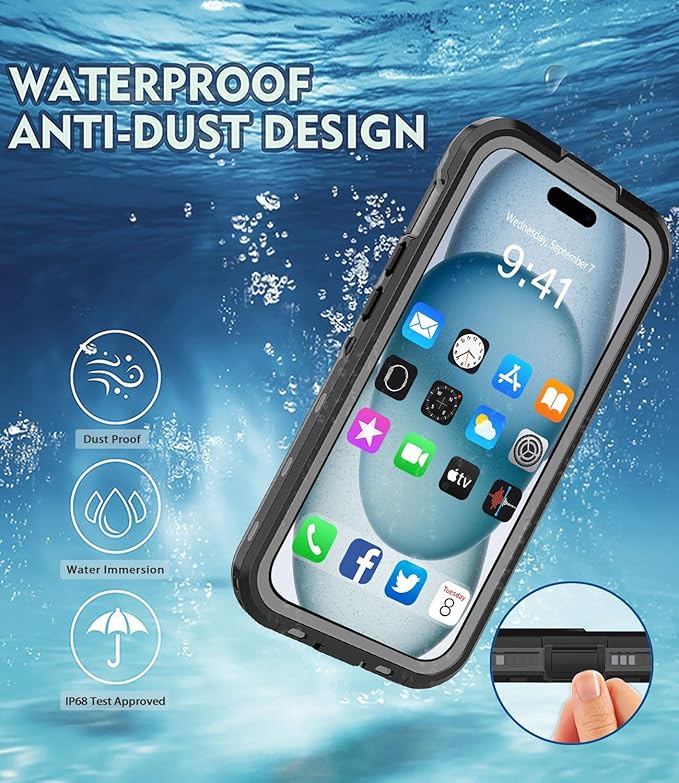 for iPhone 15 Case Waterproof | Shockproof Dust Proof Phone Case Cover with Screen Protector - Clear