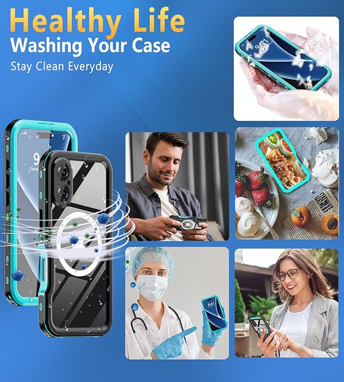 for iPhone 16 Case Waterproof | Full Body Shockproof Dust Proof Phone Case Cover with Screen Protector - Blue