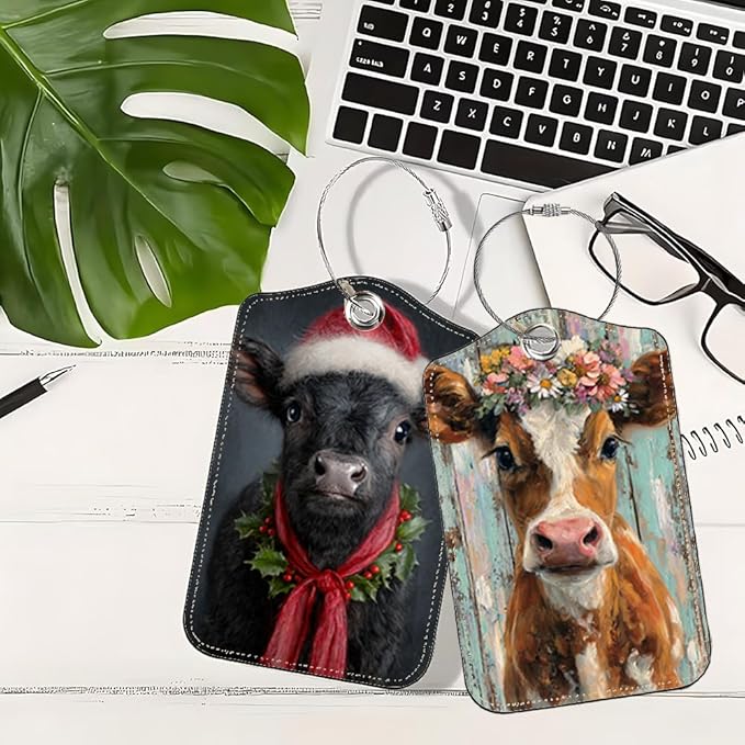 2 Pack Cute Cow Luggage Tags, Floral Cattle & Highland Cow ID Tags with Privacy Cover, PU Leather Bag Identifiers, Spring & Summer Vacation Essentials, Mother's Day
