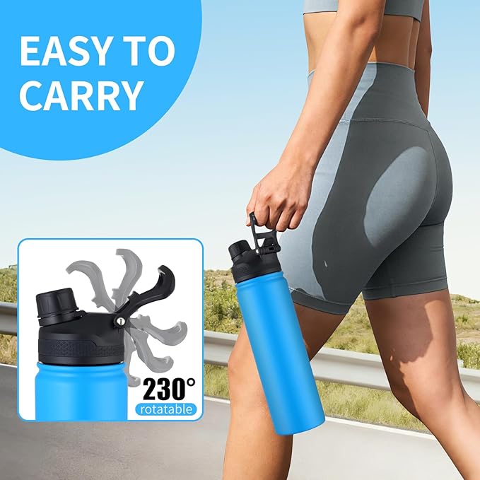 Insulated Water Bottle 24oz, Stainless Steel Double Wall Vacuum Sports Flask with 2-in-1 Straw & Chug Lid, BPA-Free, Leak Proof, Keeps Cold 24H for Travel Gym School