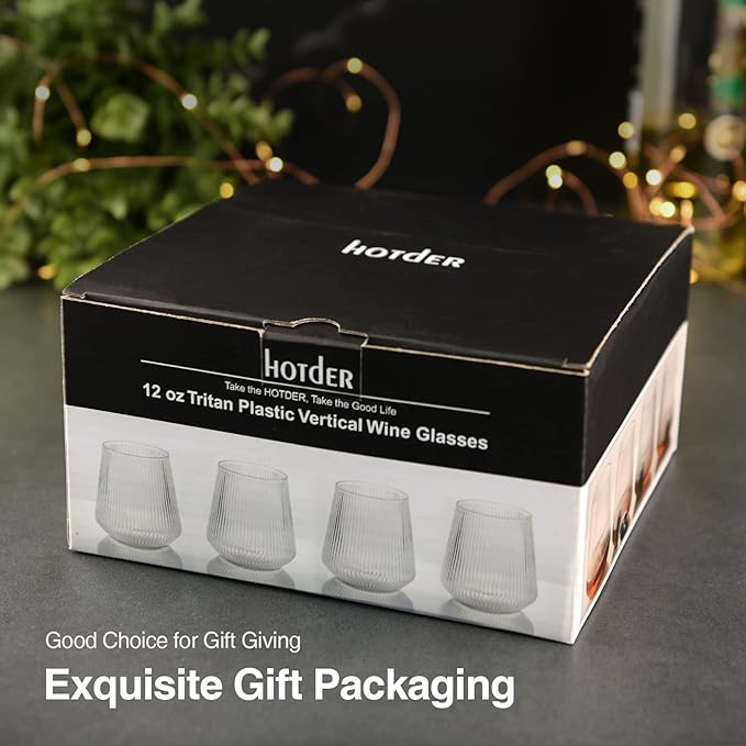 hotder Stemless Wine Glasses Set of 4, 12 oz Tritan Unbreakable, Vertical Design, Dishwasher-Safe, Red Wine Glasses for Home, Party and Outdoors
