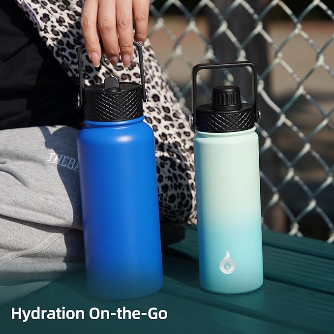 BJPKPK Insulated Water Bottles with Straw Lid, 27oz Stainless Steel Water Bottle with 3 Lids, Leak Proof BPA Free Metal Thermo, Mugs, Tumblers, Keep Cold Hot - Turquoise