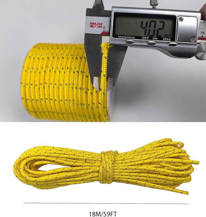 Dyneema Reflective Rope -2mm 400kg Fracture Strain - Suitable for Tents, Kite Surfing, and Other 65 feet (Yellow, 4mm)
