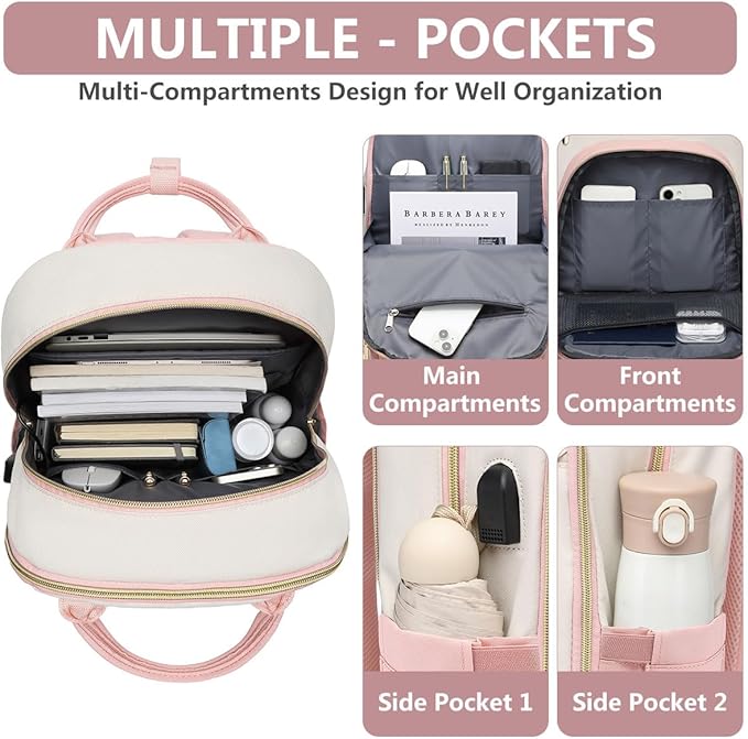 bagswan Laptop Backpack for Women Work - 15.6 Inch Travel Backpack Fashion Work Business Backpacks Purse Warterproof College Teacher Nurse Computer Daypack Beige Pink