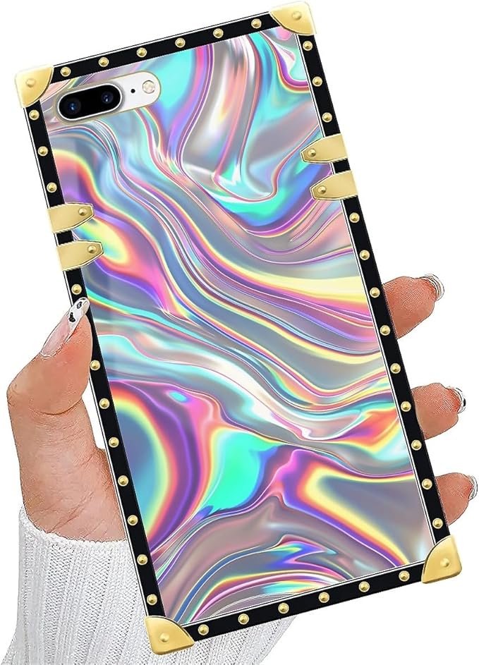 Compatible with iPhone 8 Plus 7 Plus Case, Holographic Abstract Iridescent Textures Luxury Golden Decoration for Girl Women Soft TPU Shockproof Protective Hard PC Back