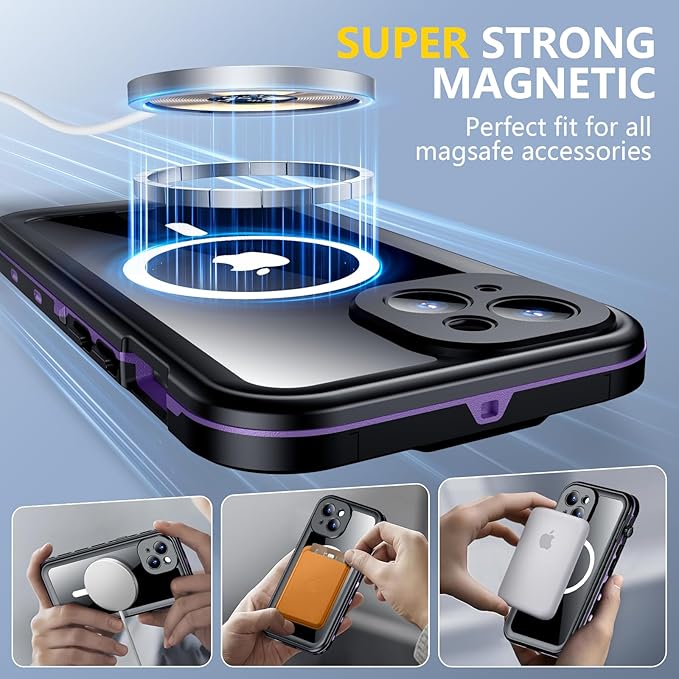 Red2Fire for iPhone 15 Case Waterproof, [Built-in Screen Protector & Camera Protector][Compatible with MagSafe][Full Body Shockproof][IP68 Waterproof][Dustproof] Phone Case 6.1" Purple/Clear
