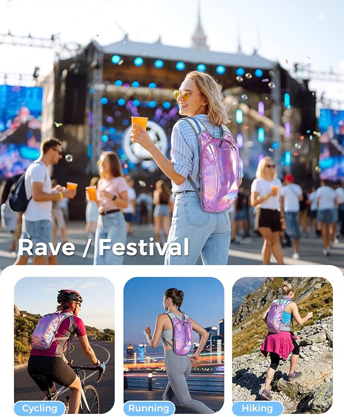 Blue Quartz Rave Hydration Backpack, Reflective Hiking Pack with 2L Water Bladder & Phone Pocket, Hydro Pack with Insulated Compartment for Festival Running Cycling for Men Women