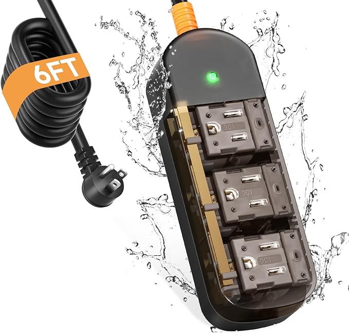 Outdoor Power Strip Weatherproof 6 FT Outdoor Extension Cord Waterproof Surge Protector Power Strip, 3 AC Outlets, 1625W - for Camping, Home, Office, Garden, Dorm, FCC UL Listed