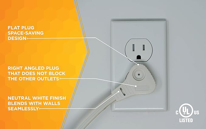 Woods SlimLine Angled Flat Plug Extension Cord; Space Saving Flat Design; 3 Grounded Outlets; 13-Foot; 13 Amps; 1625 Watts; 125 Volts; UL Listed; 2232