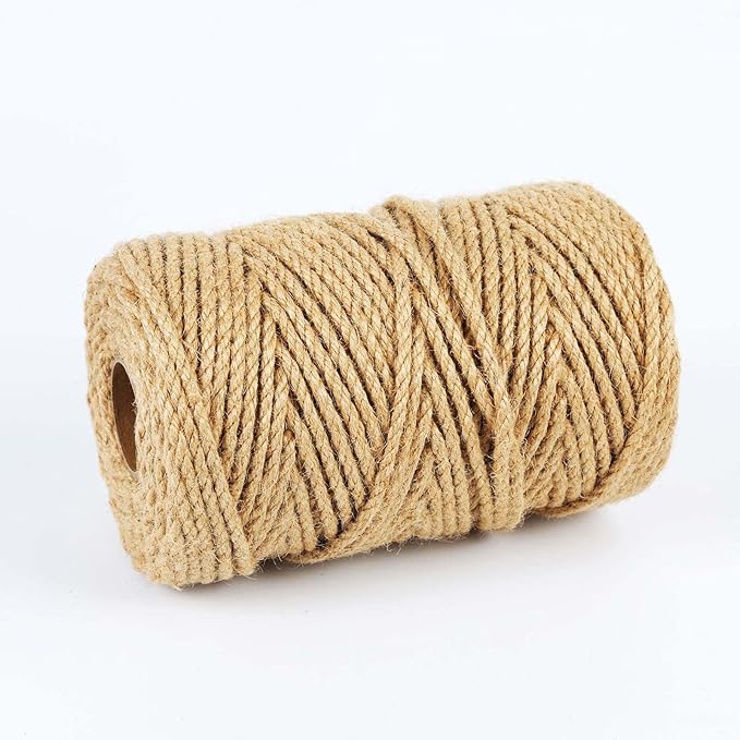 Natural Jute Twine, 5MM x 328FT Jute Rope Roll, Heavy Duty Thick Twine for Cat Scratching Post, Bundling, Gardening and DIY Crafts